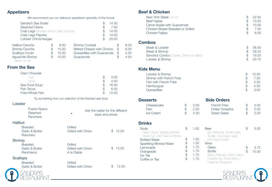 Sandra's Puerto Nuevo Menu